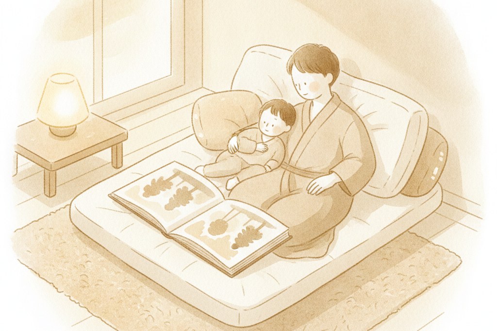布団で親子がリラックスして絵本を眺めているイメージ
